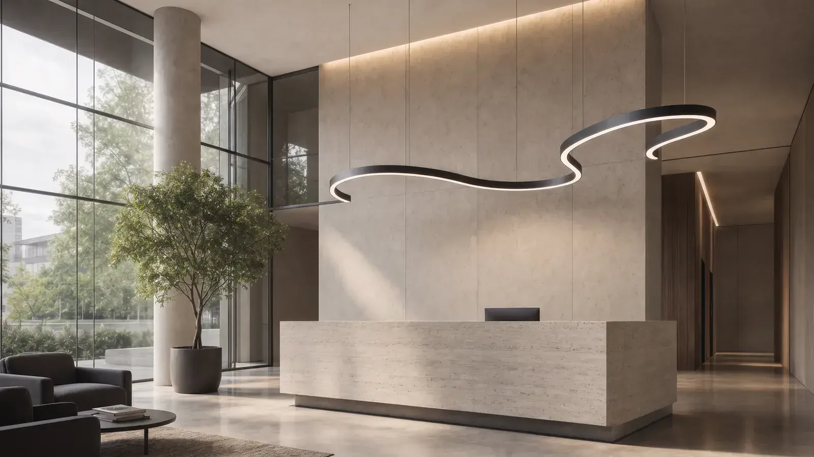 Lena curved suspended lighting in a reception